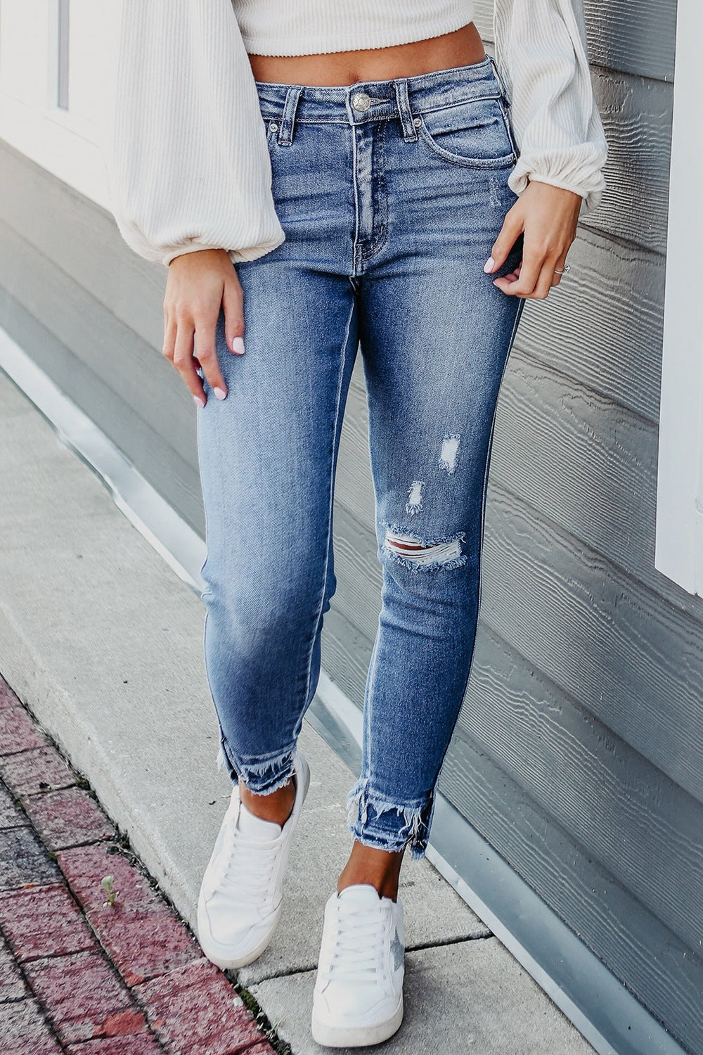 Raw Hem Distressed Jeans with Pockets-Angel Casuals