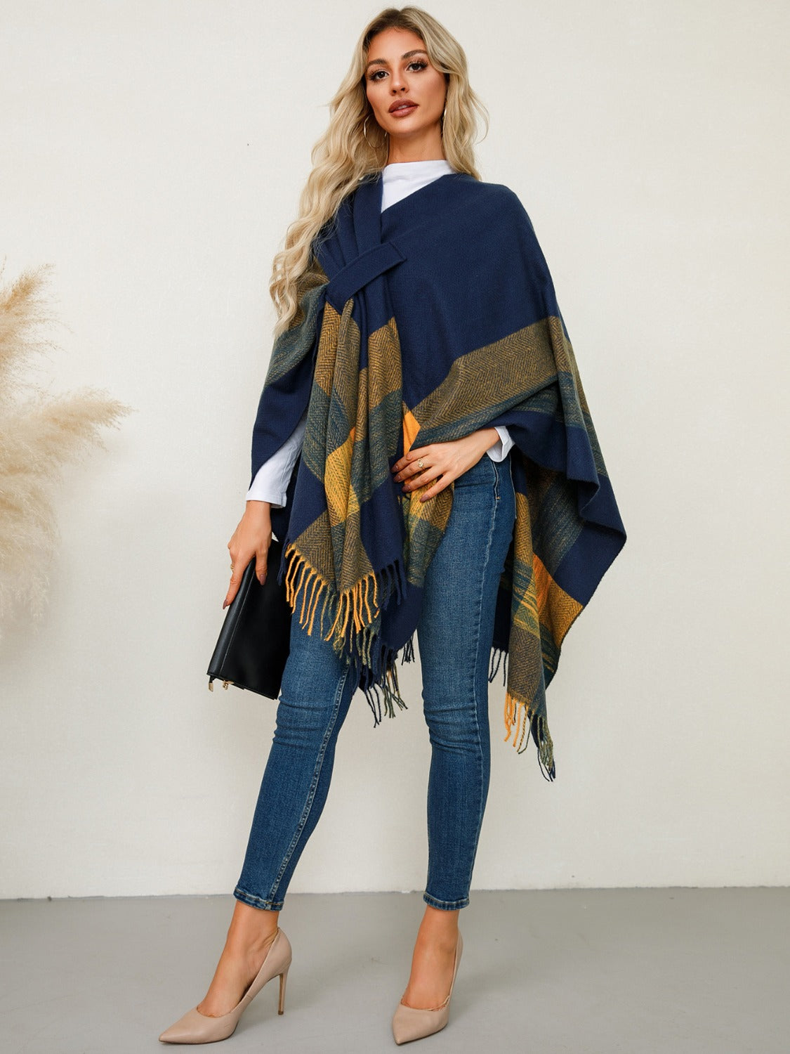 Fringe Contrast Plaid Poncho-Angel Casuals