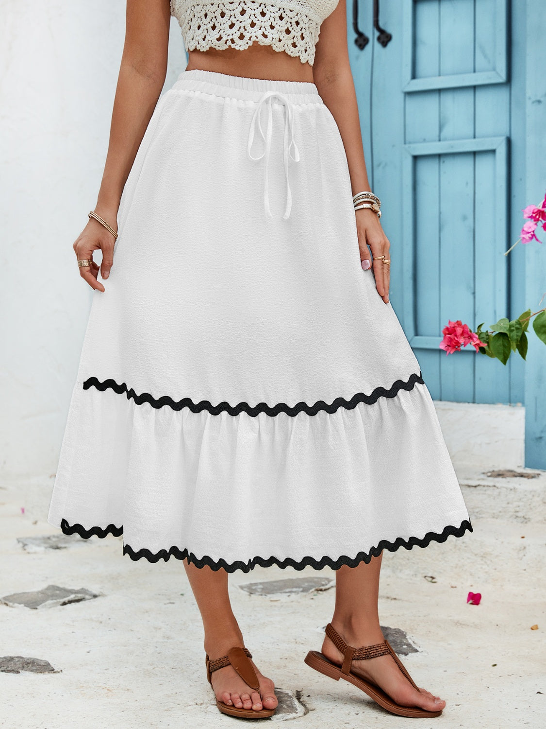 Tied Contrast Trim High Waist Skirt-Angel Casuals