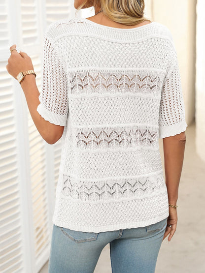 Openwork Round Neck Half Sleeve Knit Top-Angel Casuals