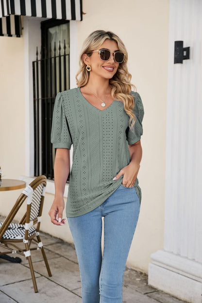 Eyelet Puff Sleeve V-Neck Top-Angel Casuals