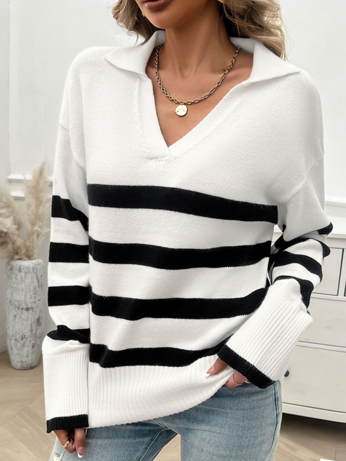 Devine Striped Collared Neck Long Sleeve Sweater-Angel Casuals