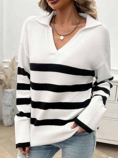 Devine Striped Collared Neck Long Sleeve Sweater-Angel Casuals