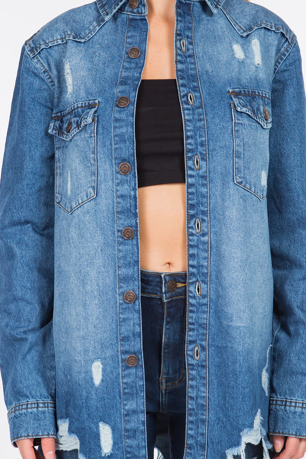 American Bazi Distressed Frayed Hem Denim Jacket-Angel Casuals