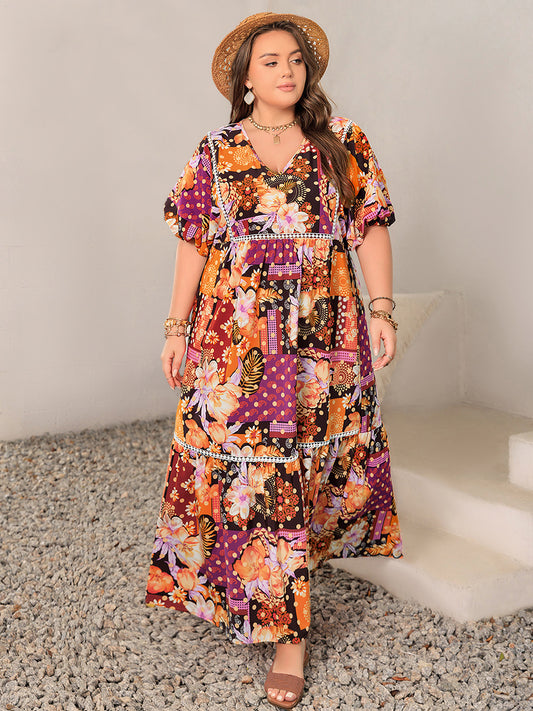 Plus Size Printed V-Neck Half Sleeve Maxi Dress-Angel Casuals