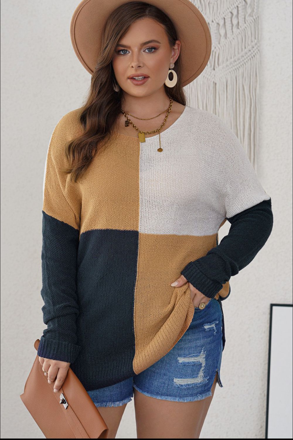 Plus Size Color Block Round Neck Sweater-Angel Casuals