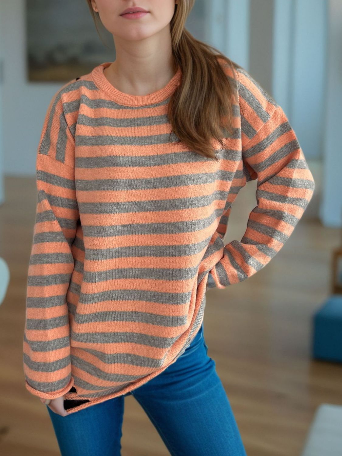 Distressed Striped Round Neck Long Sleeve Sweater-Angel Casuals