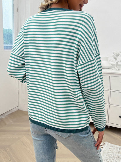 Devine Striped Round Neck Dropped Shoulder Sweater-Angel Casuals