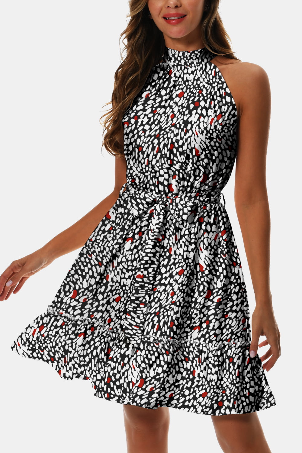 Printed Tie Waist Frill Trim Dress-Angel Casuals