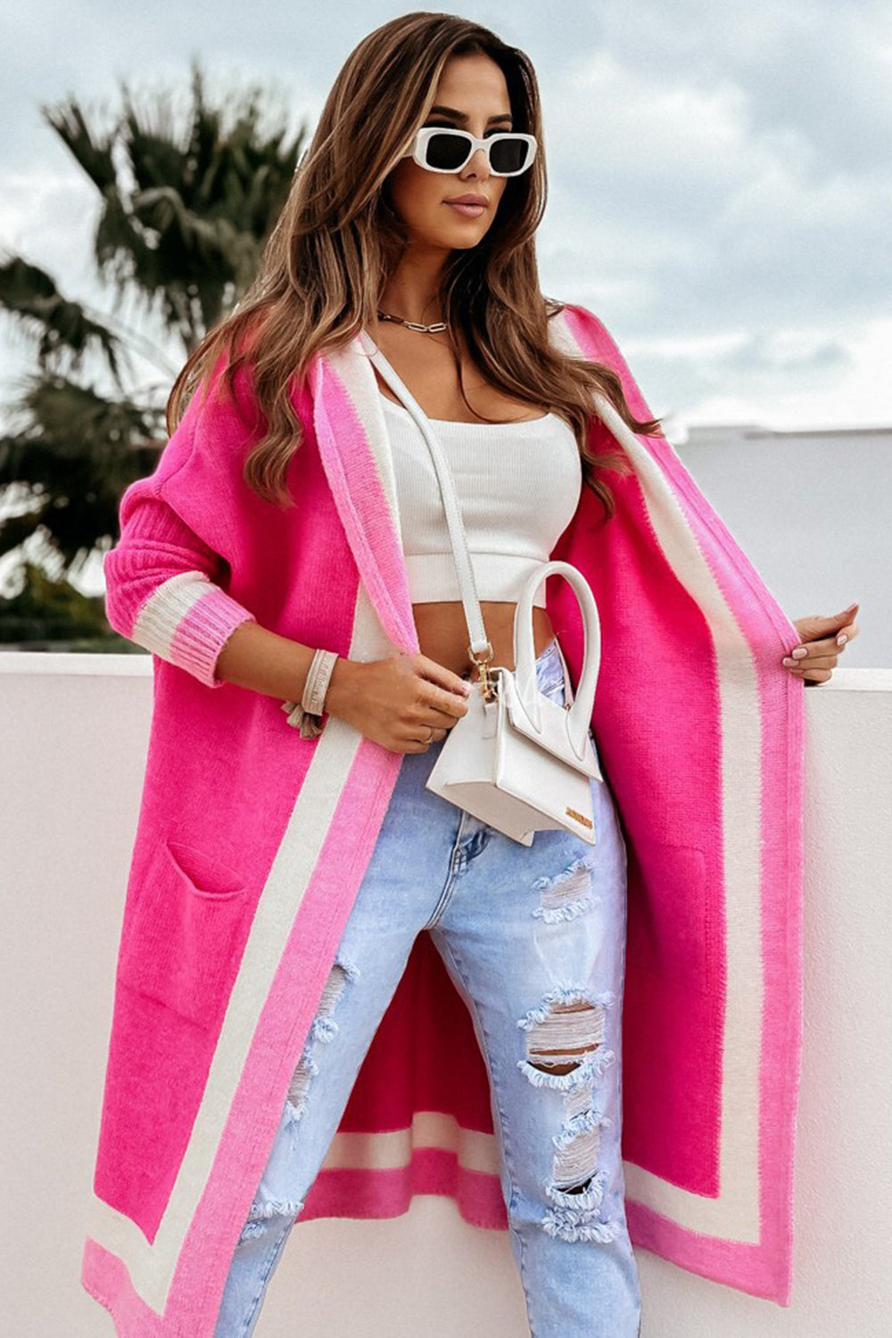 Pocketed Contrast Long Sleeve Hooded Cardigan-Angel Casuals