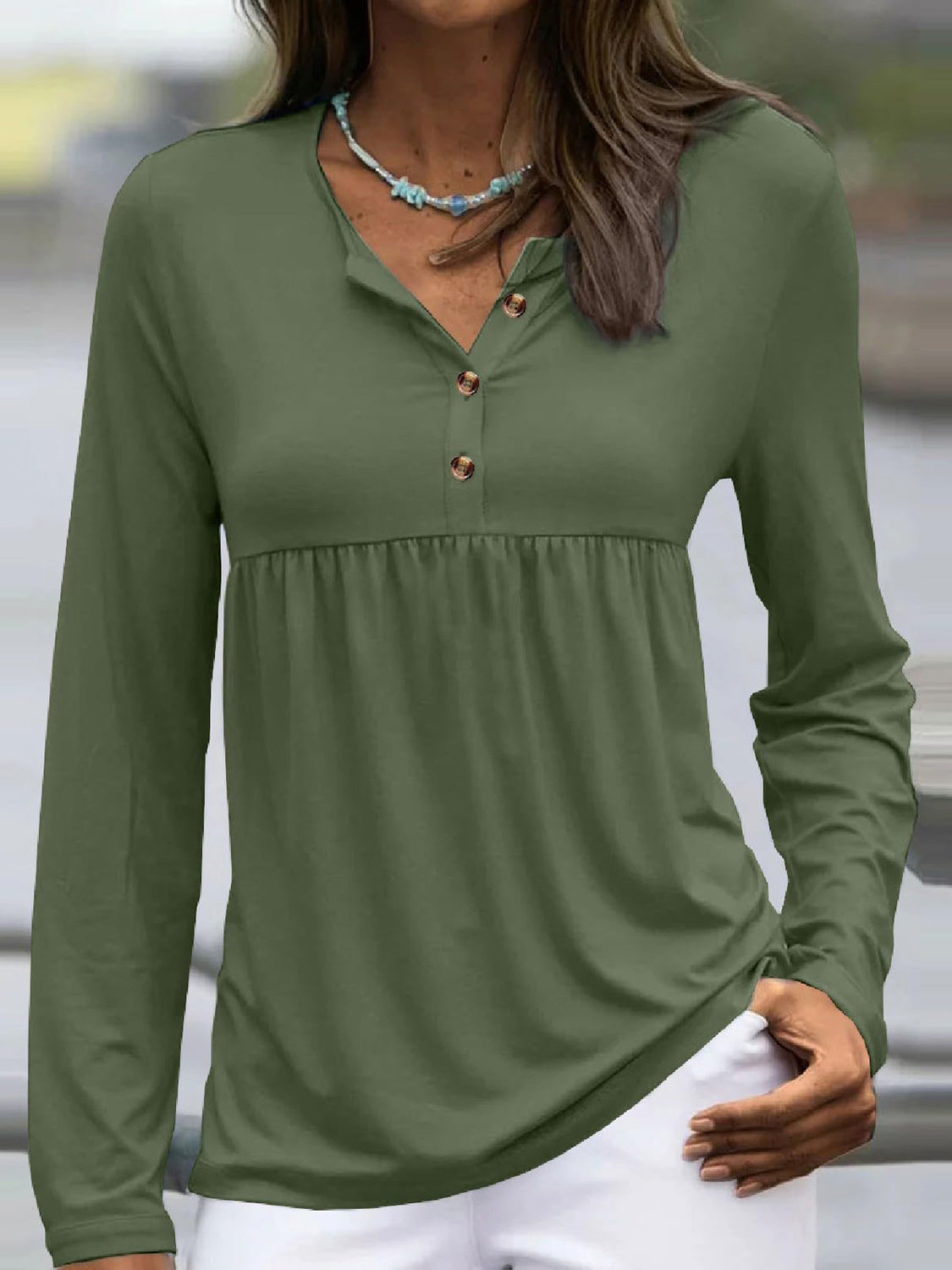 Half Button Long Sleeve T-Shirt-Angel Casuals