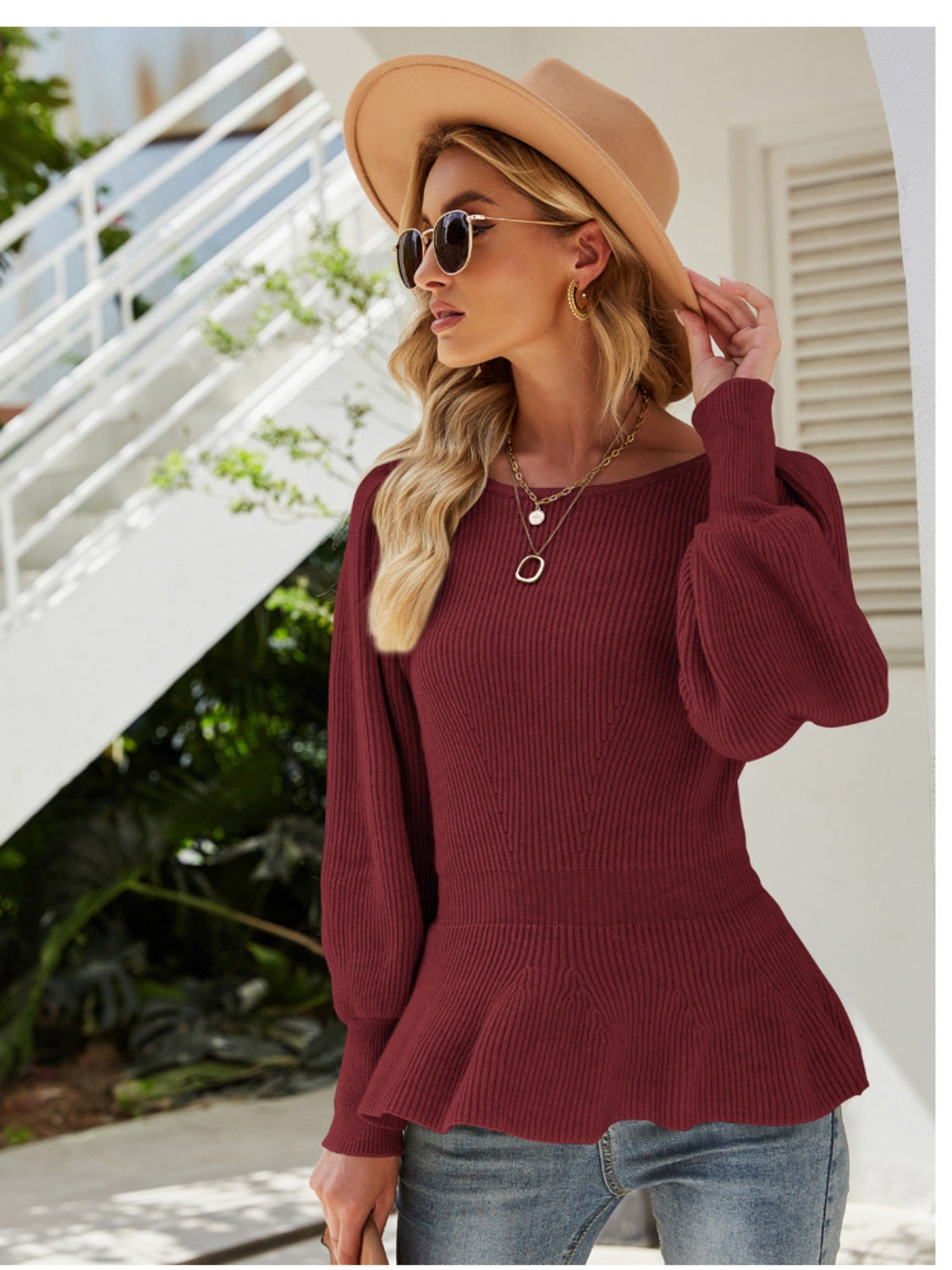 Ribbed Round Neck Lantern Sleeve Sweater-Angel Casuals