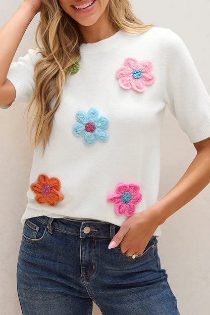 Flower Round Neck Short Sleeve Sweater-Angel Casuals