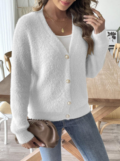 Button Up V-Neck Long Sleeve Cardigan-Angel Casuals