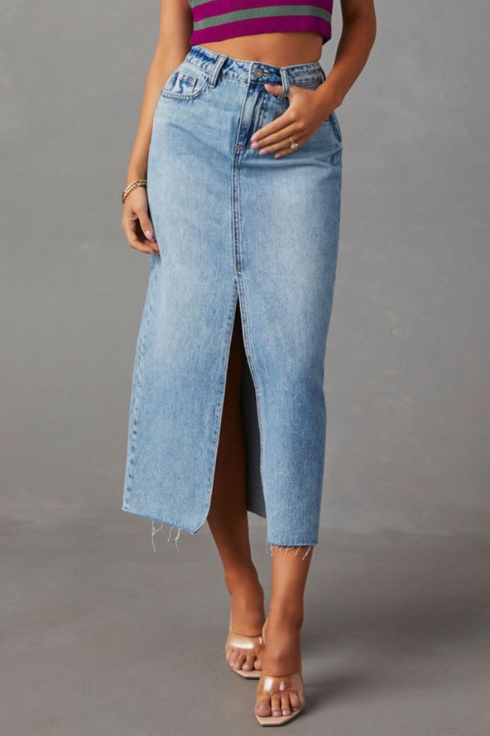 Slit Raw Hem Midi Denim Skirt-Angel Casuals