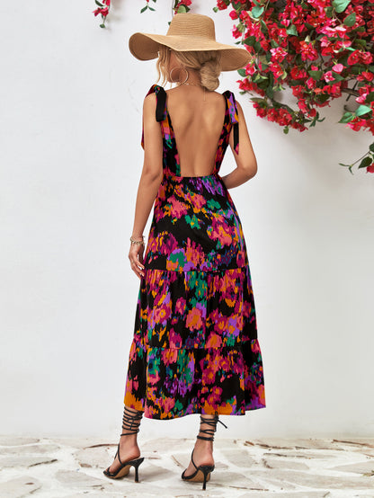 Multicolored V-Neck Backless Midi Dress-Angel Casuals