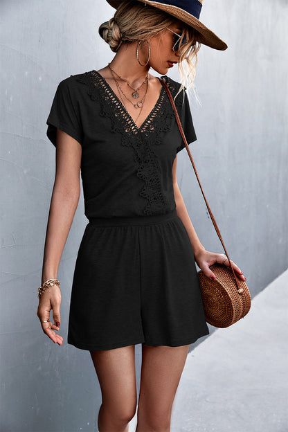 Lace Trim V-Neck Romper-Angel Casuals