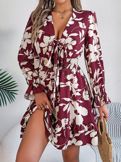 Tied Ruffled Printed Long Sleeve Dress-Angel Casuals