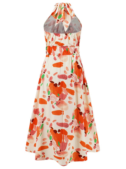 Ruched Printed Halter Neck Sleeveless Dress-Angel Casuals