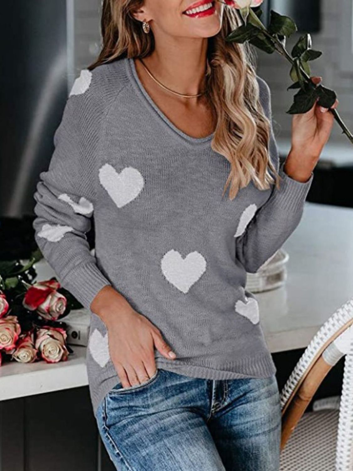 Heart Scoop Neck Long Sleeve Sweater-Angel Casuals