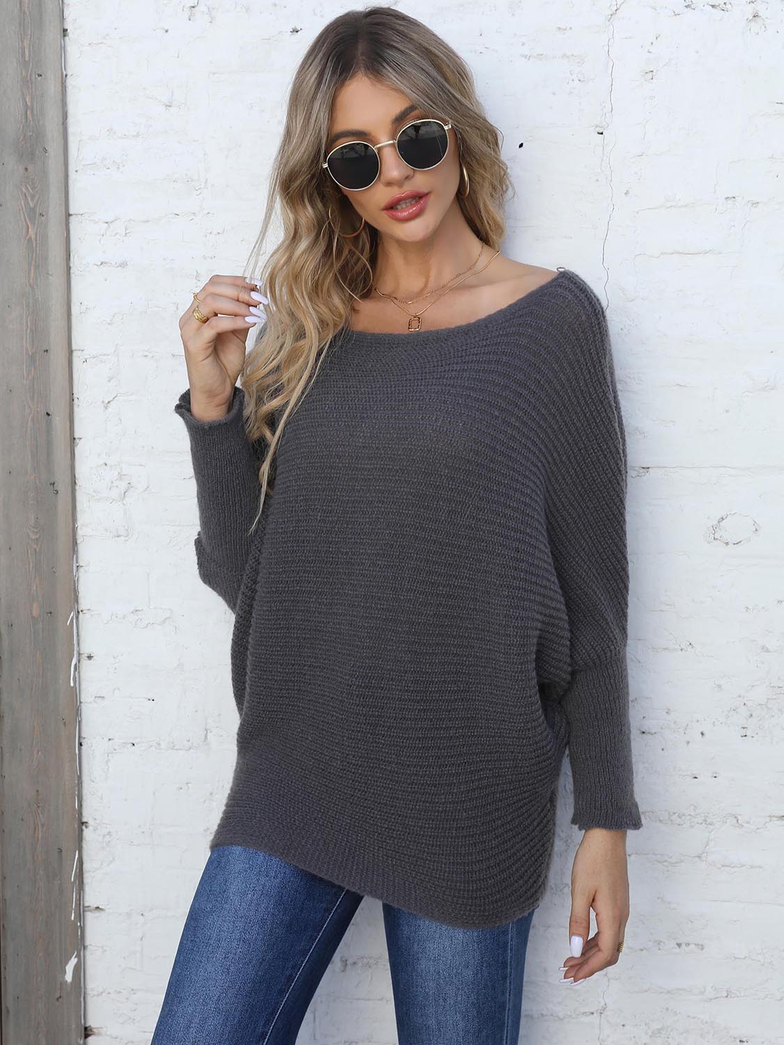 Full Size Horizontal Ribbing Dolman Sleeve Sweater-Angel Casuals