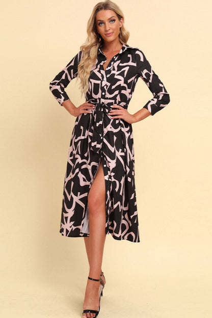 Printed Button Front Belted Midi Dress-Angel Casuals