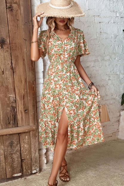 Floral V-Neck Front Slit Dress-Angel Casuals