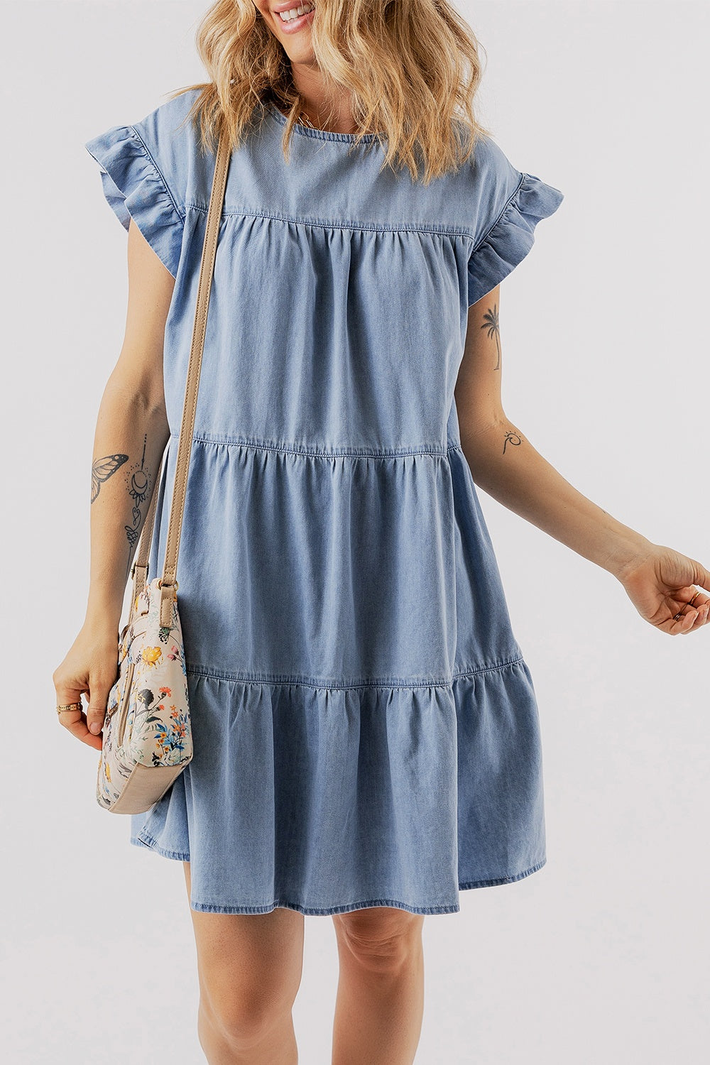 Ruffled Round Neck Cap Sleeve Denim Dress-Angel Casuals