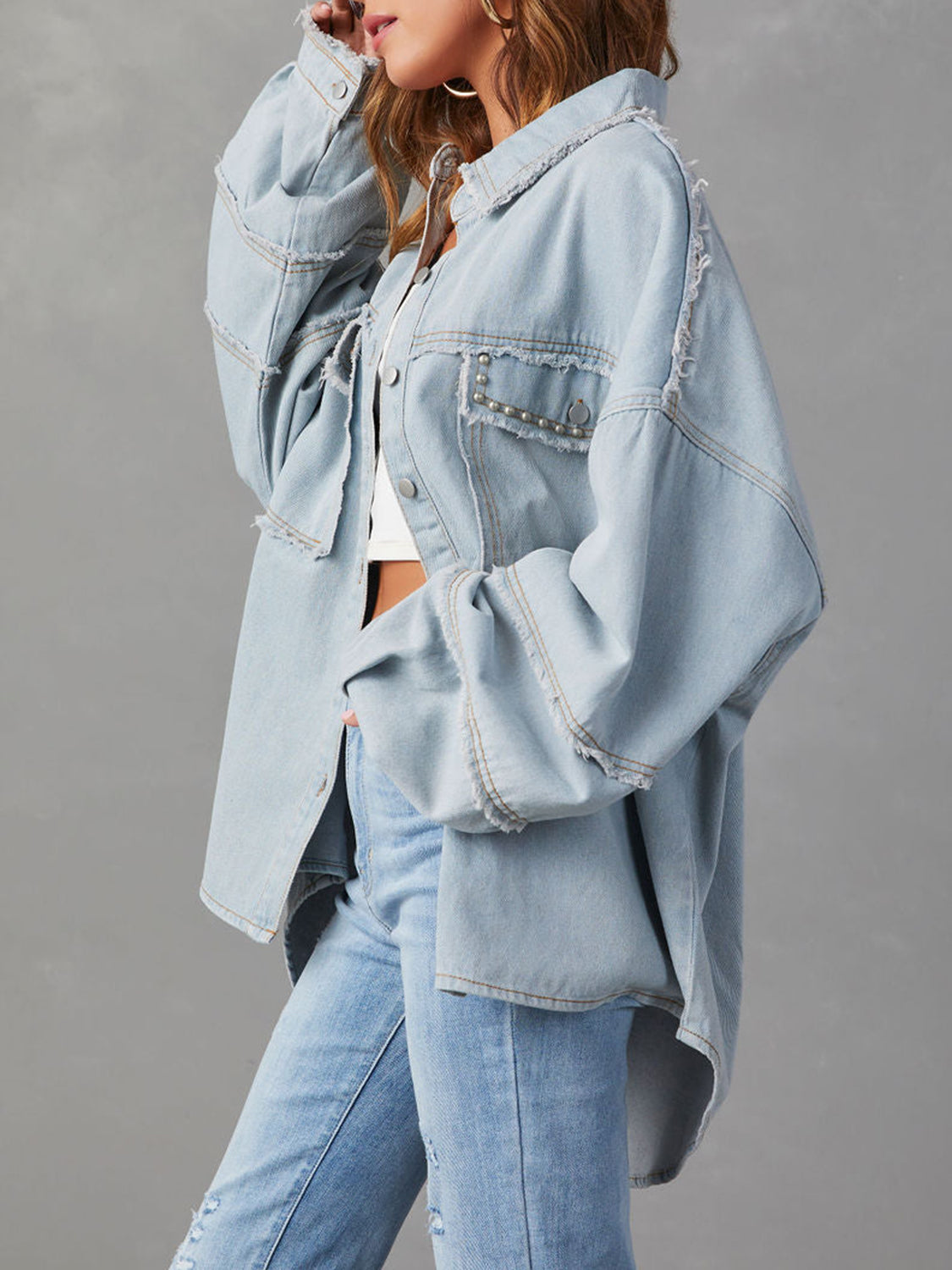 Button Down Raw Hem Denim Jacket-Angel Casuals