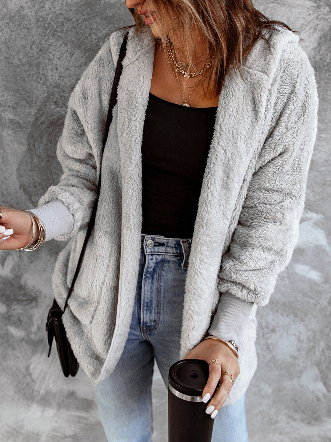 Open Front Hooded Faux Fur Outwear with Pockets-Angel Casuals