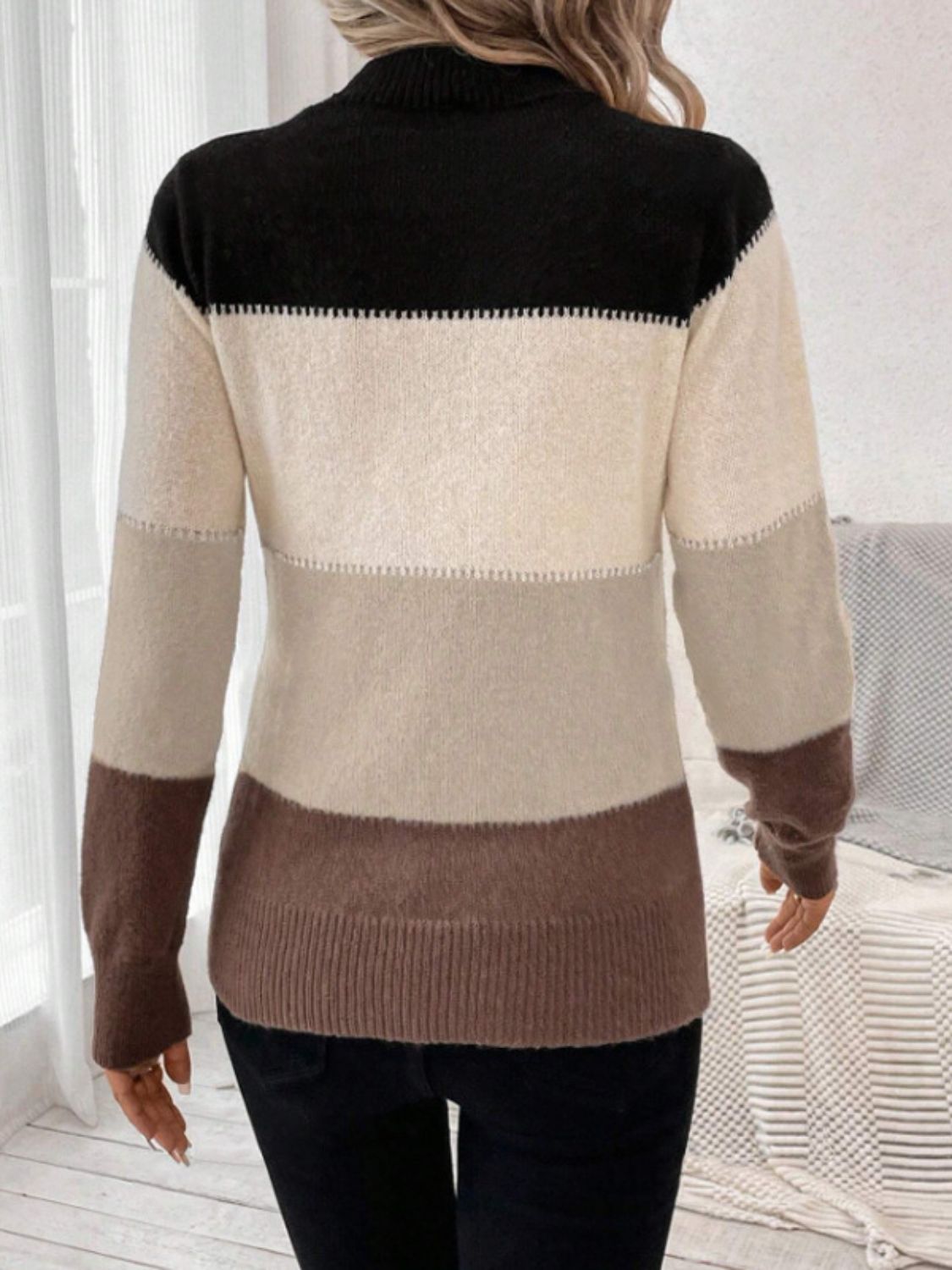 Color Block Mock Neck Long Sleeve Sweater-Angel Casuals