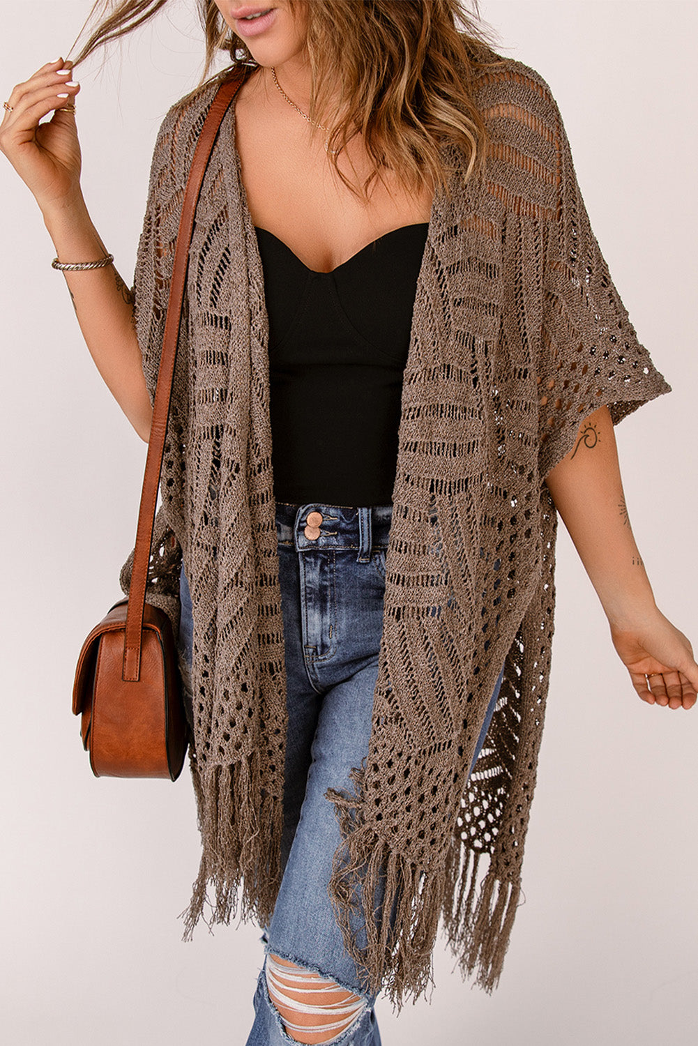 Fringe Hem Slit Open Front Cardigan-Angel Casuals