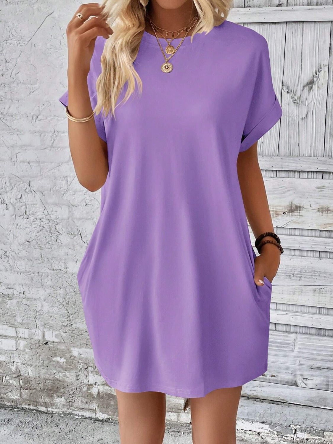 Round Neck Short Sleeve Mini Dress-Angel Casuals