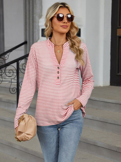 Striped Notched Long Sleeve T-Shirt-Angel Casuals