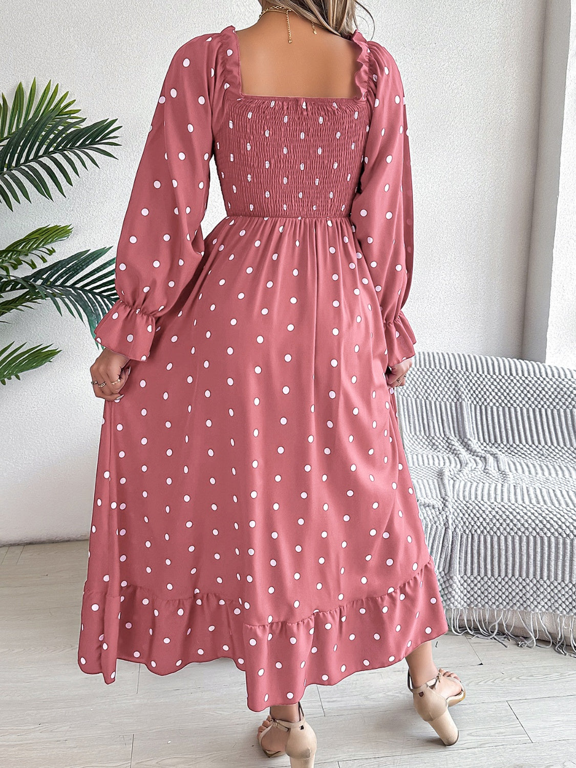 Polka Dot Flounce Sleeve Midi Dress-Angel Casuals