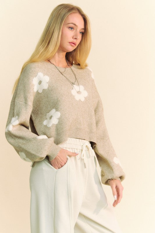 Davi & Dani Floral Drop Shoulder Cropped Sweater-Angel Casuals