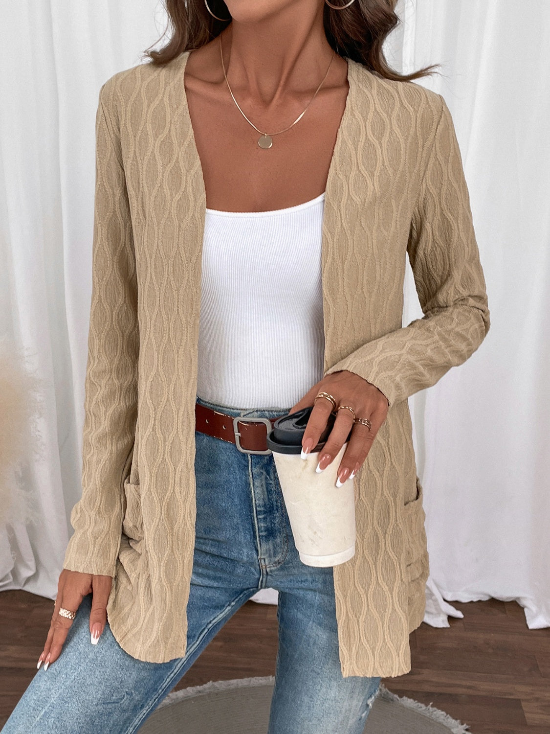 Open Front Long Sleeve Cardigan with Pockets-Angel Casuals