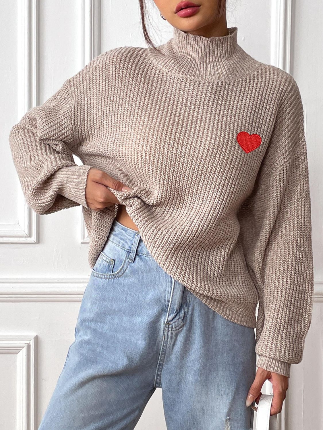 Heart Turtleneck Dropped Shoulder Long Sleeve Sweater-Angel Casuals