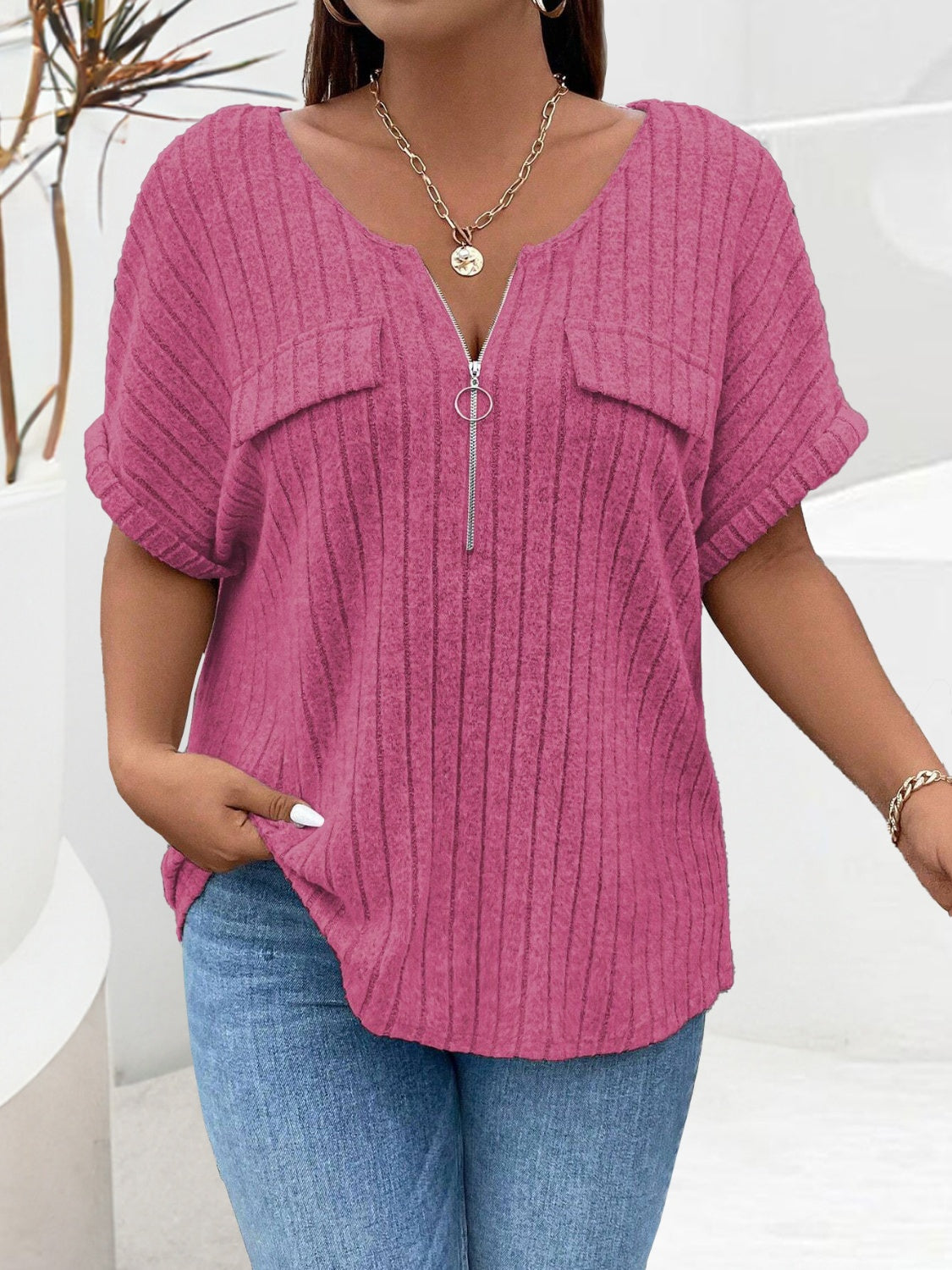 Plus Size Half Zip Short Sleeve T-Shirt-Angel Casuals