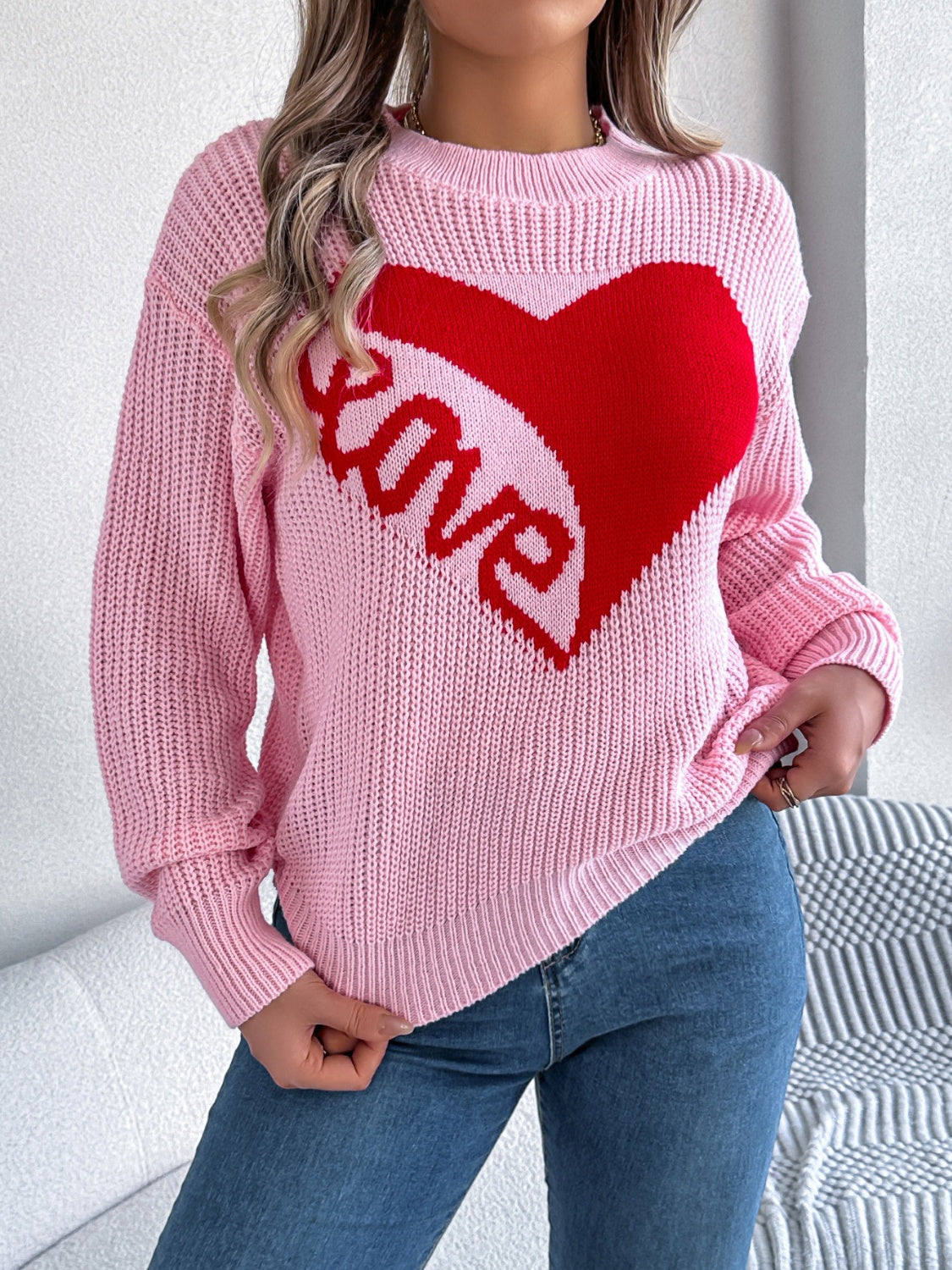 LOVE Heart Round Neck Dropped Shoulder Sweater-Angel Casuals