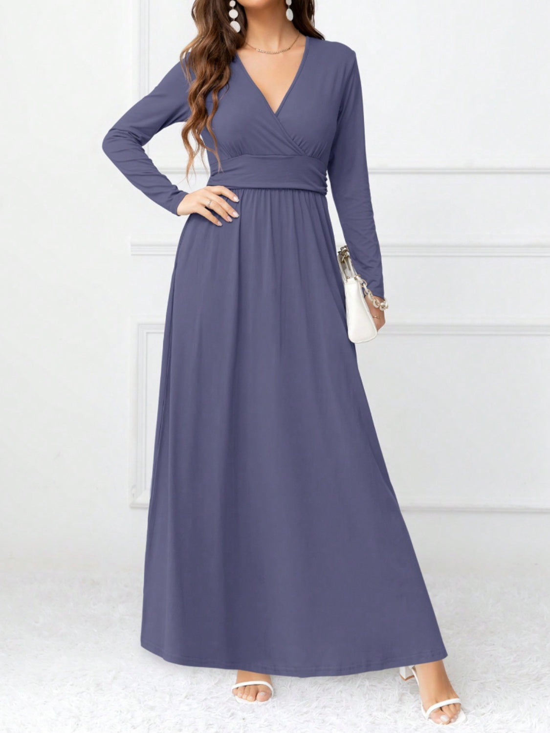 Pocketed Surplice Long Sleeve Maxi Dress-Angel Casuals