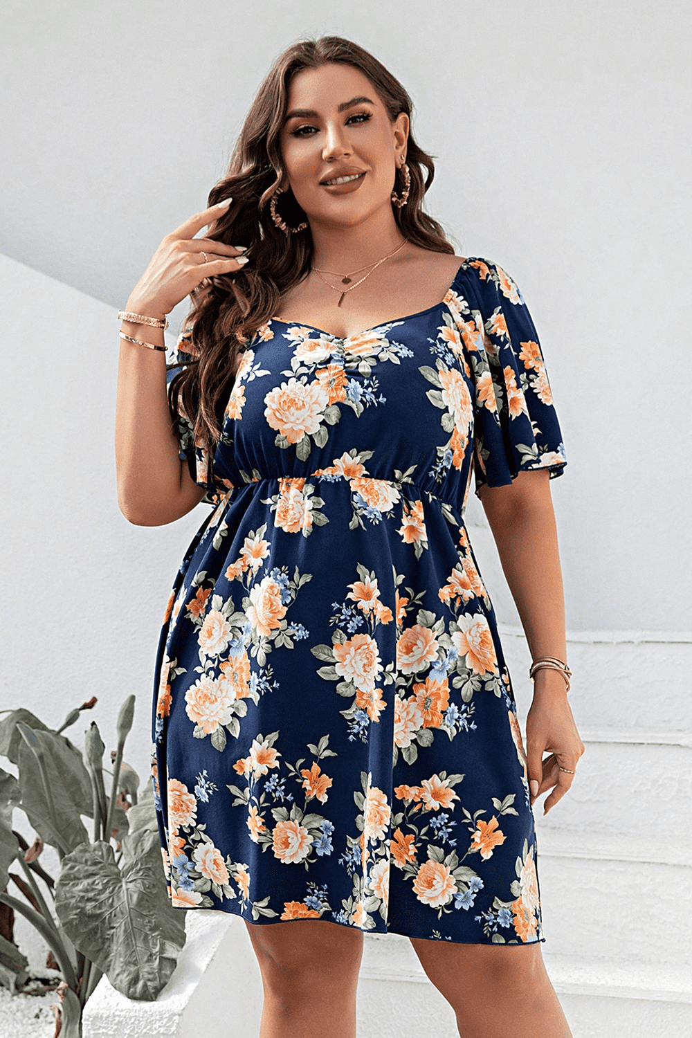 Plus Size Floral Print V-Neck Flutter Sleeve Mini Dress-Angel Casuals