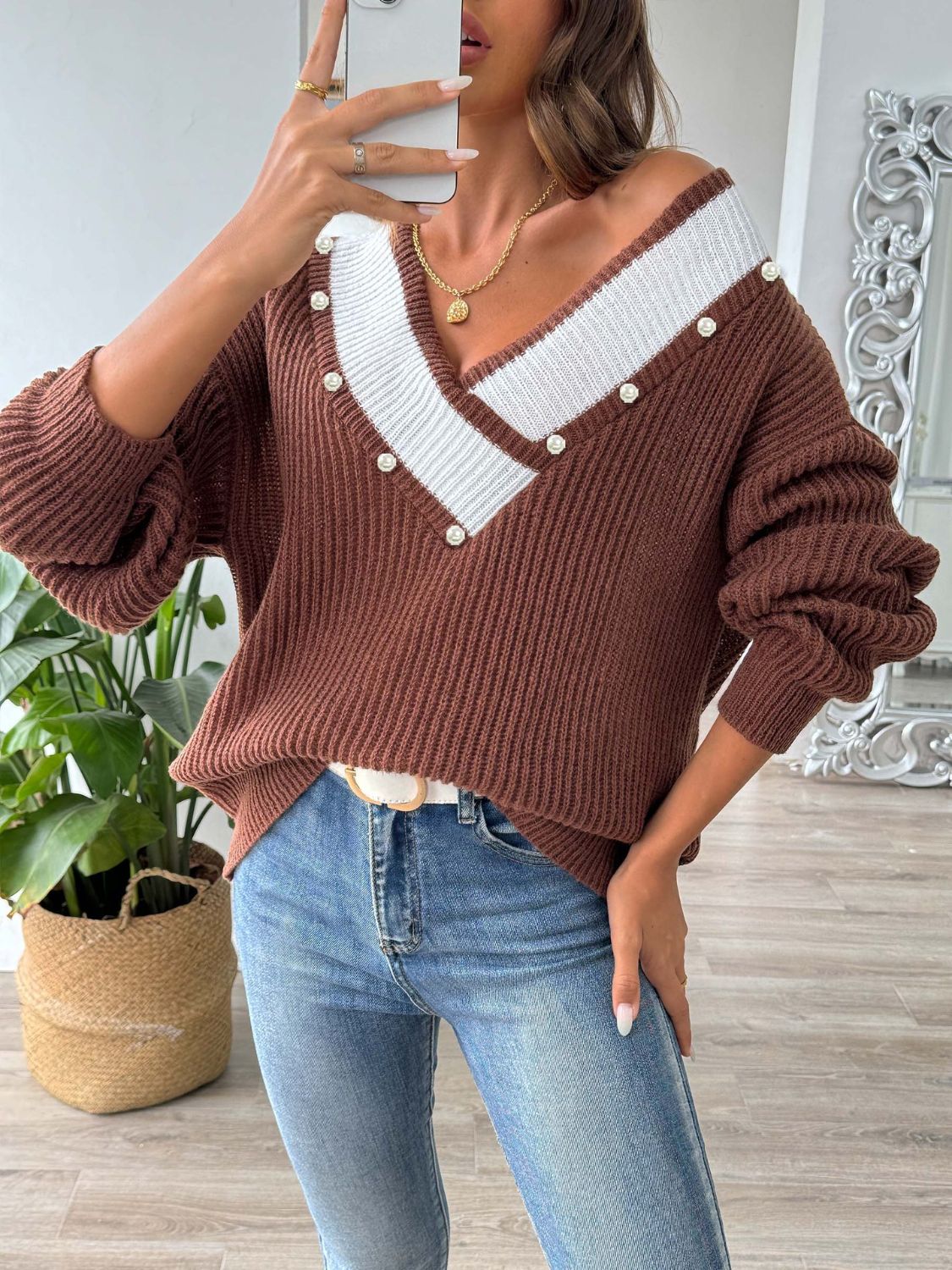 Contrast Trim Dropped Shoulder Long Sleeve Sweater-Angel Casuals