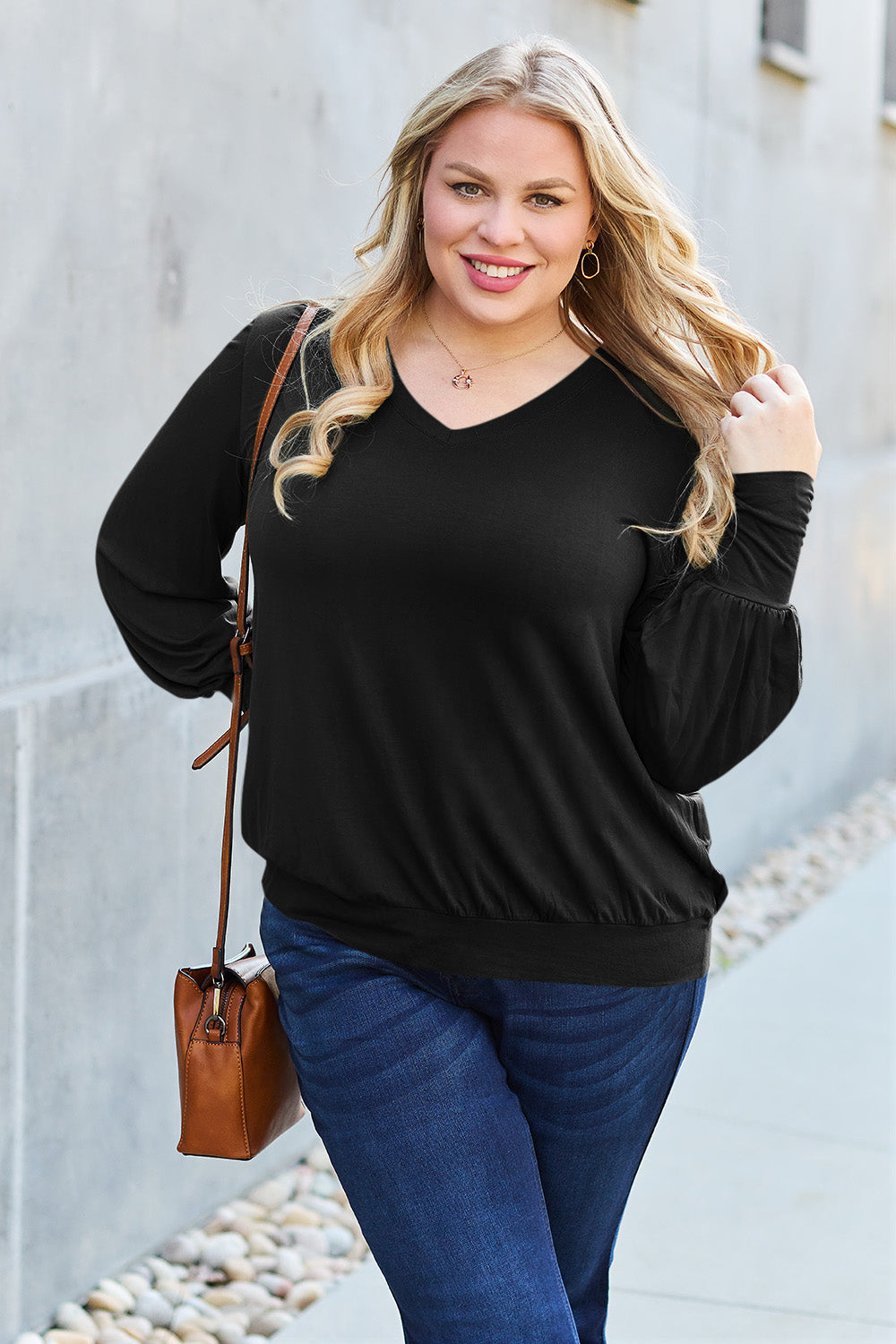 Basic Bae Full Size V-Neck Lantern Sleeve Blouse-Angel Casuals