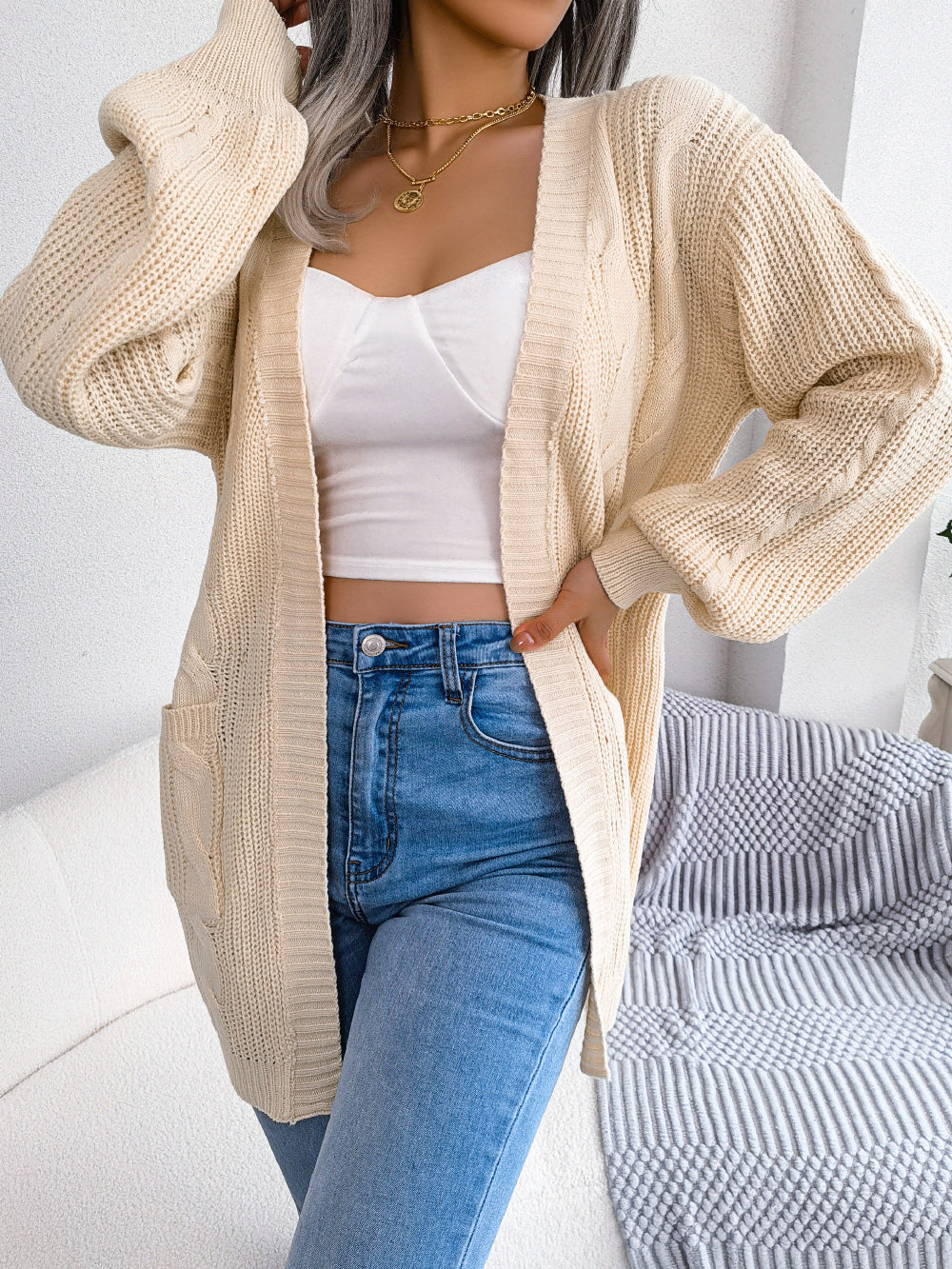 Cable-Knit Open Front Pocketed Cardigan-Angel Casuals