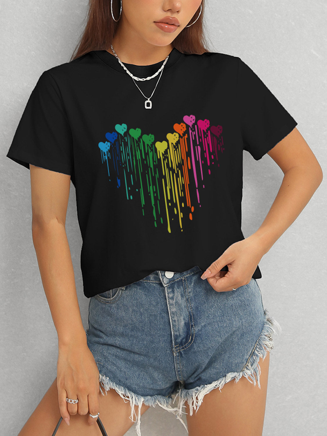 Heart Round Neck Short Sleeve T-Shirt-Angel Casuals
