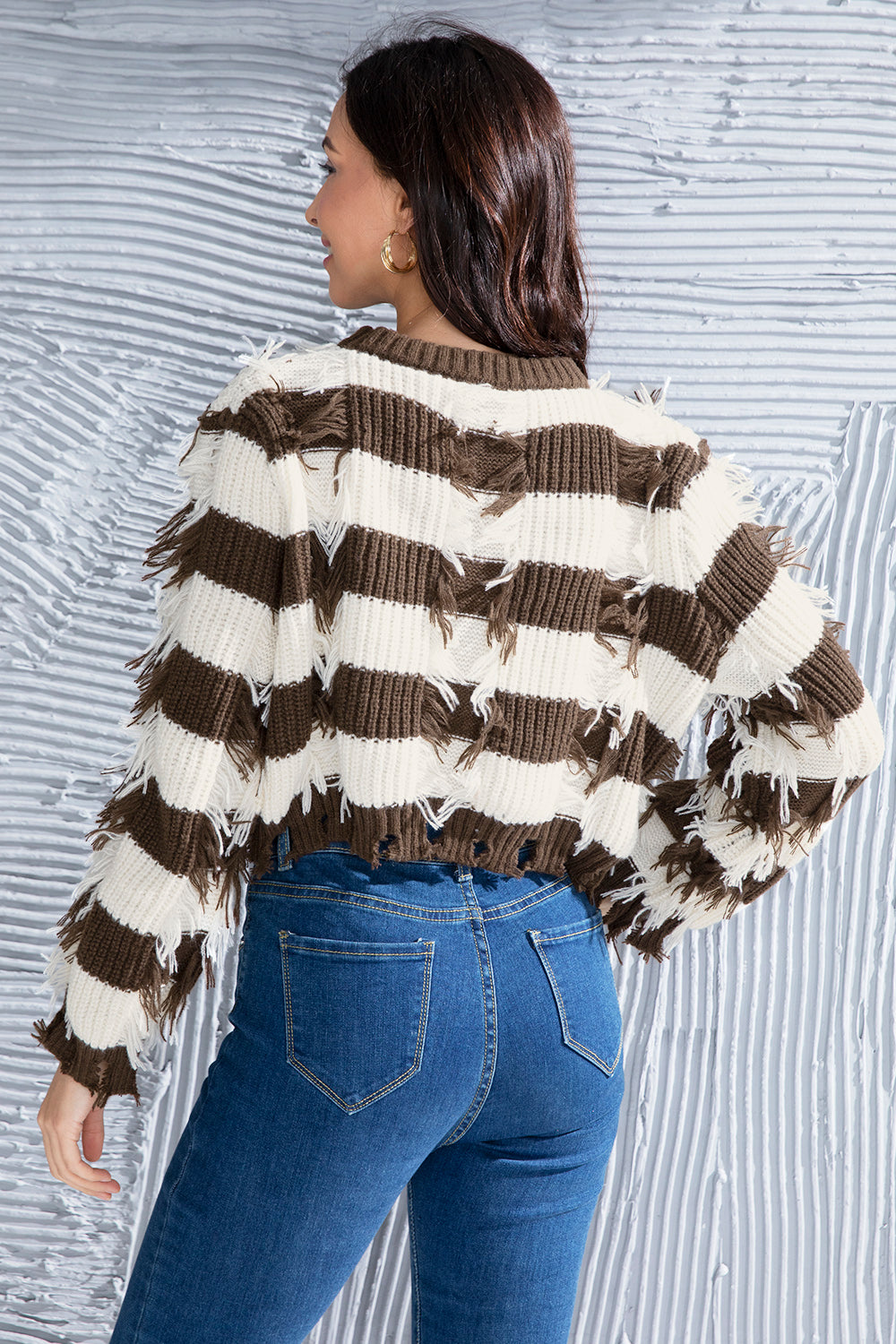 Striped Fringe Round Neck Sweater-Angel Casuals