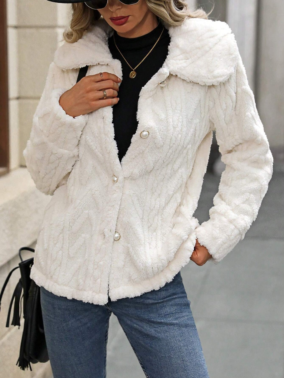 Fuzzy Texture Button Up Collared Neck Coat-Angel Casuals
