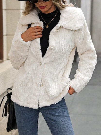Fuzzy Texture Button Up Collared Neck Coat-Angel Casuals
