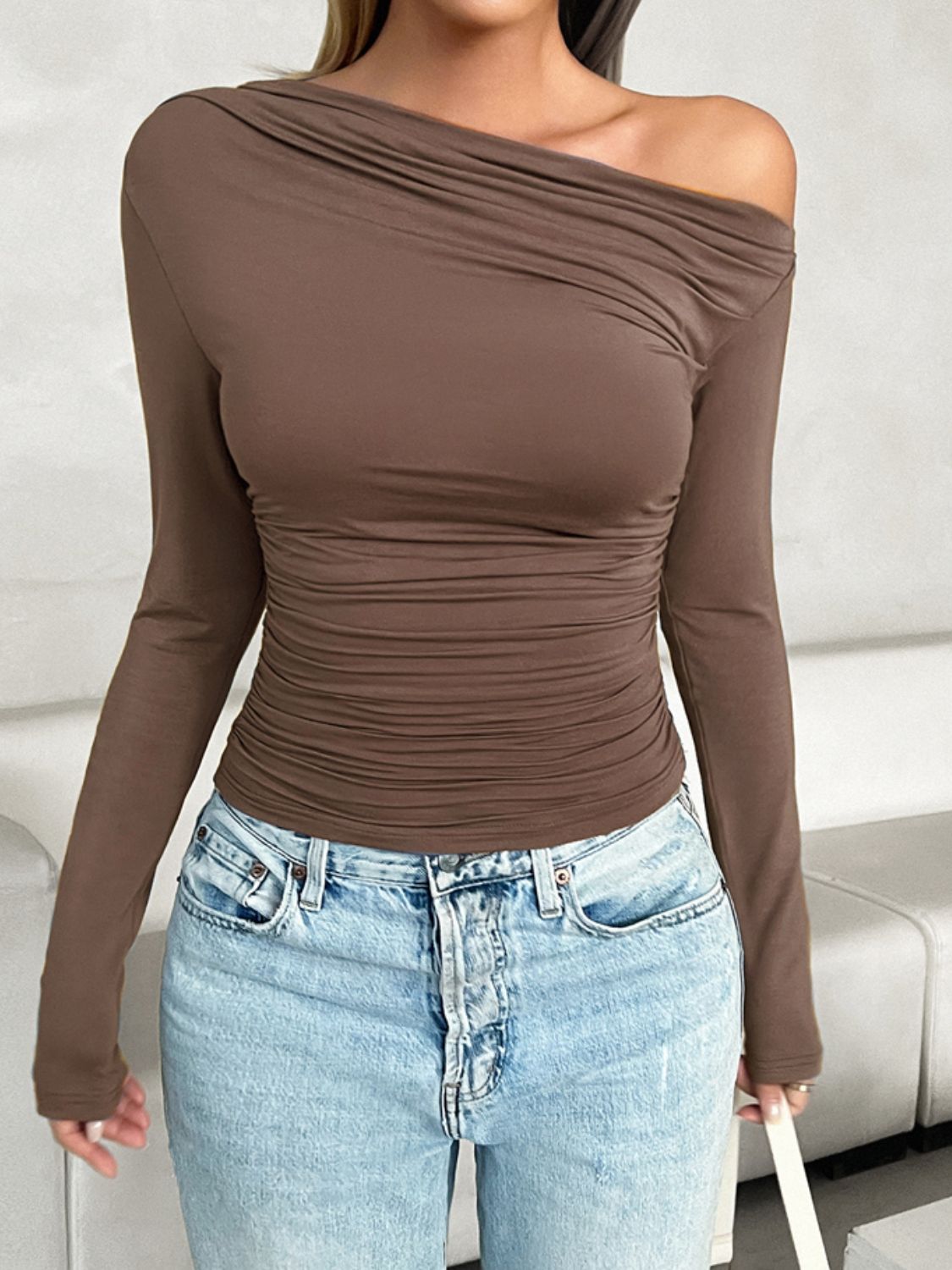 Devine Ruched One Shoulder Long Sleeve T-Shirt-Angel Casuals